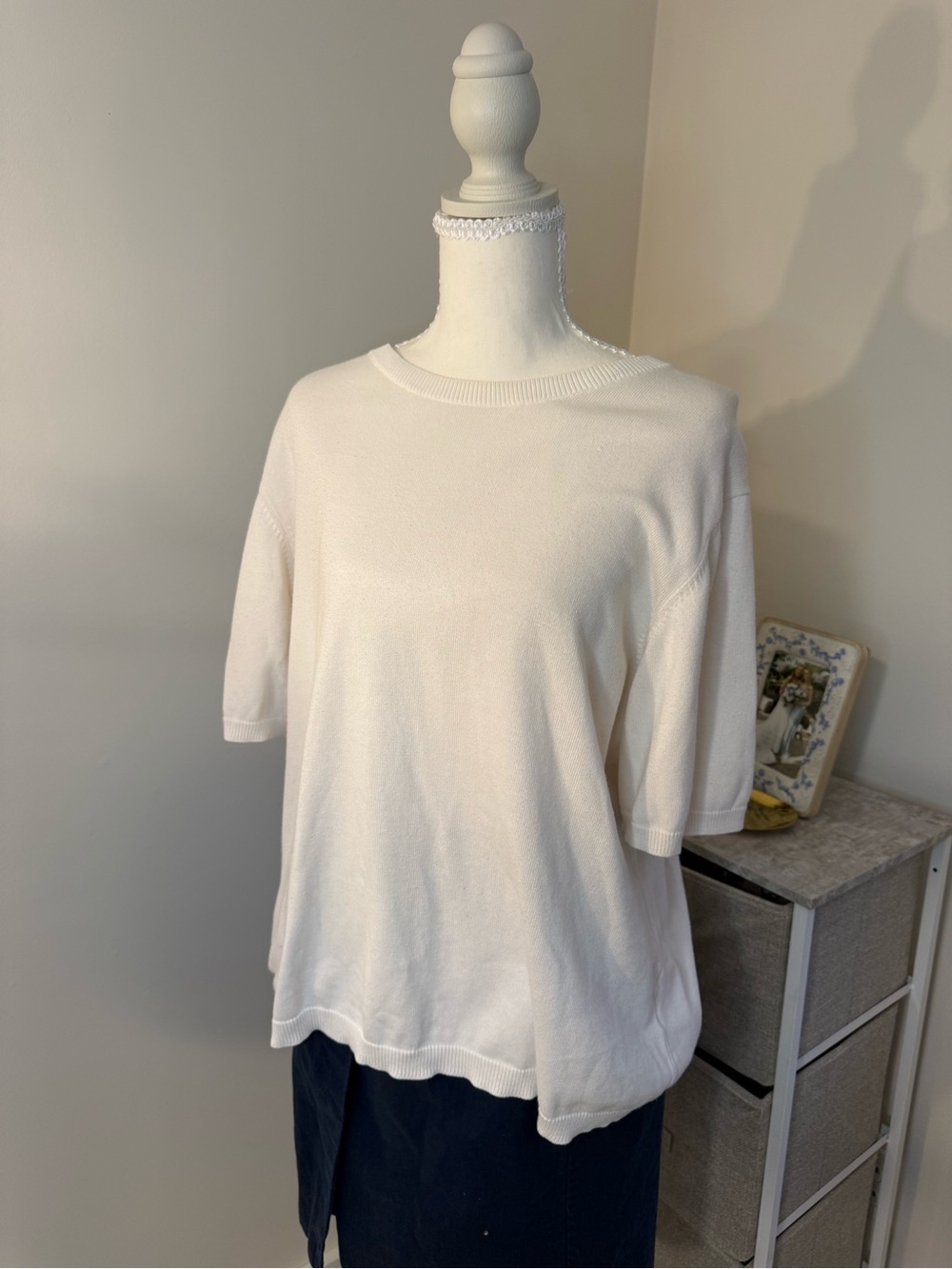 Womens 1X Lands End white crewneck bubble short sleeve sweater: minimalist